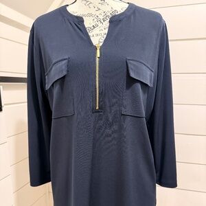 Ellen Tracy Navy Zip-Front Blouse | Size Large | Excellent Condition